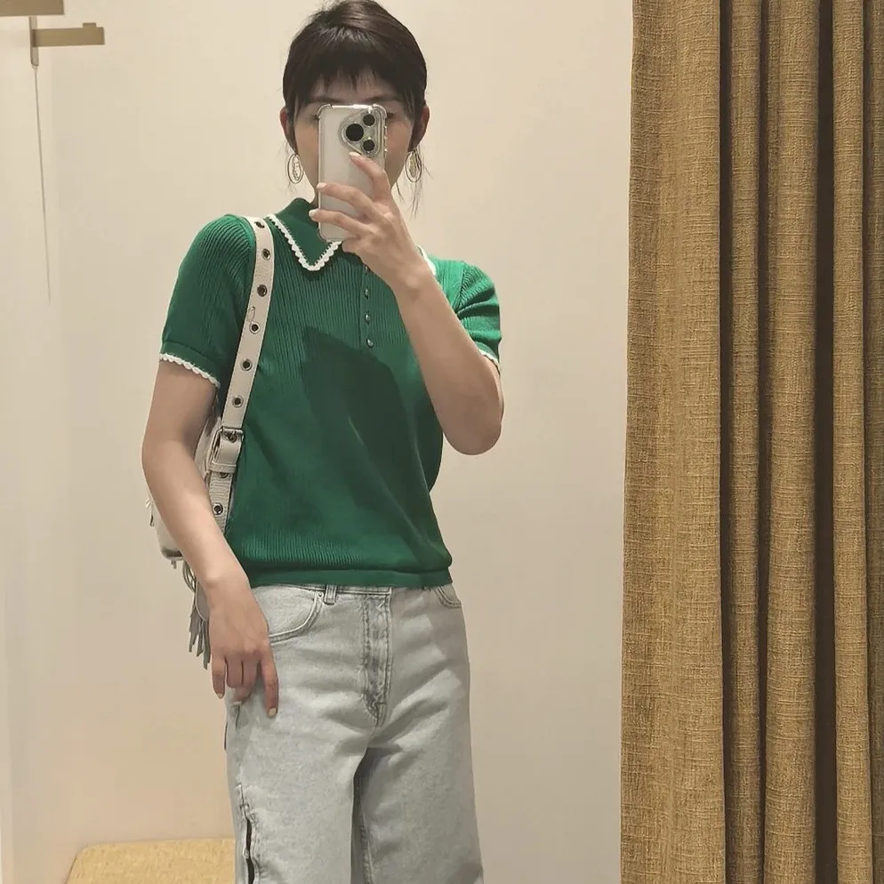 Damska koszulka z dzianiny z klapami, krótkie rękawy, modne, codzienne bluzki damskie.