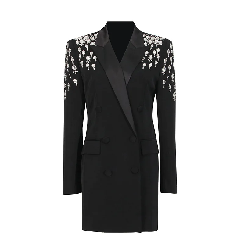 HKSH ฤดูใบไม้ร่วงใหม่ผู้หญิงแฟชั่น Elegant Heavy Craft Studded เพชรแขนยาว Double Breasted Pocket Coat Stylish Blazer HK8455
