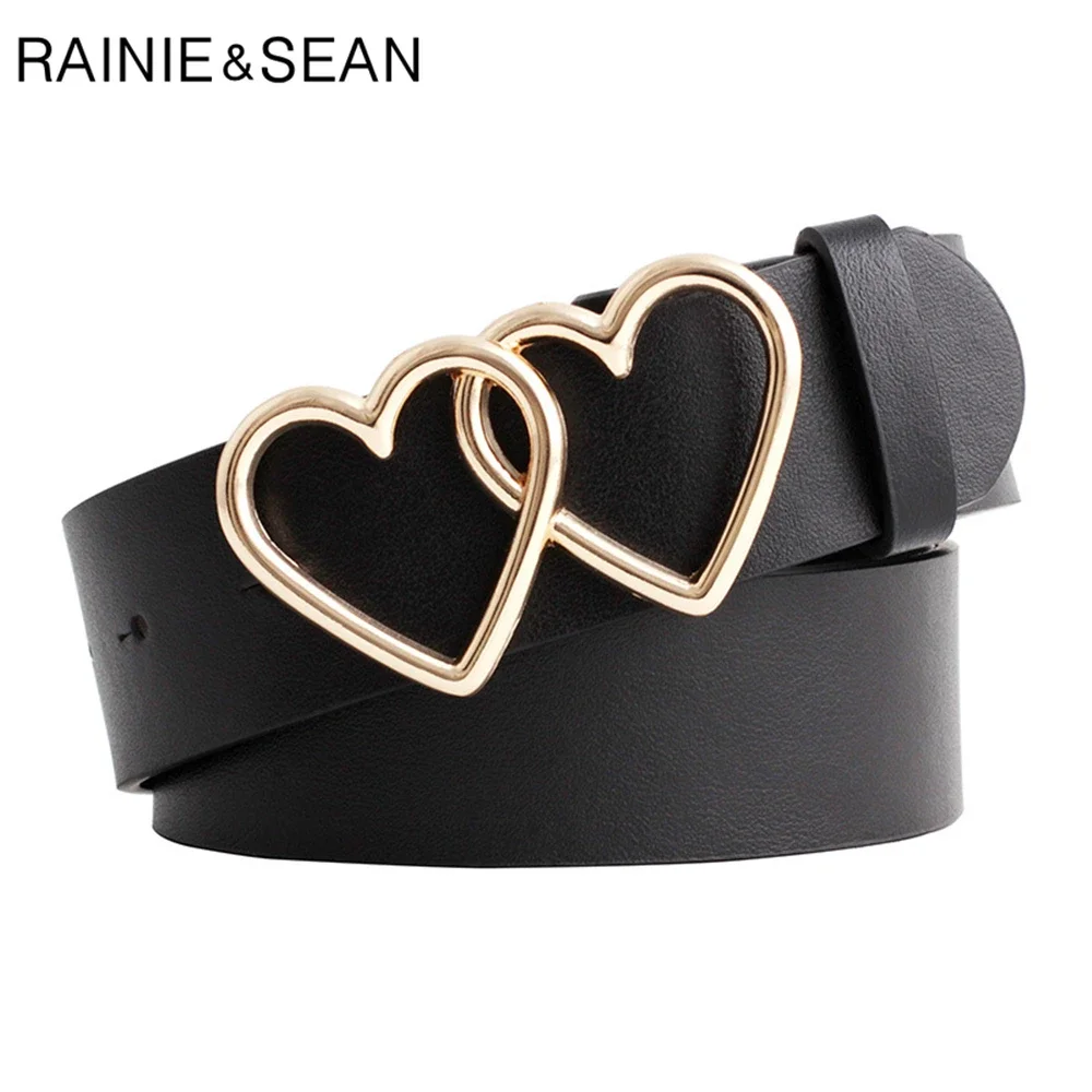 

RAINIE SEAN Black Double Heart Buckle Belts for Women Casual Pu Leather Female Waist Belts Fashion Ladies Trousers Belt Golden