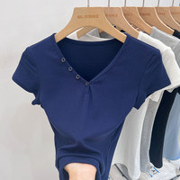 2025 Y2K Women Tops Basic V-Neck T-Shirt Short Sleeve Button Slim Fit Solid Tee Harajuku Aesthetic T-shirt Vintage Streetwear