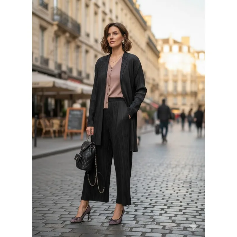 

Miyake Pleated Pants Set 2026 Spring New Minimalist Wind Cardigan Set Female Light Mature Wind Stacked Wear Thin 2-piece Set