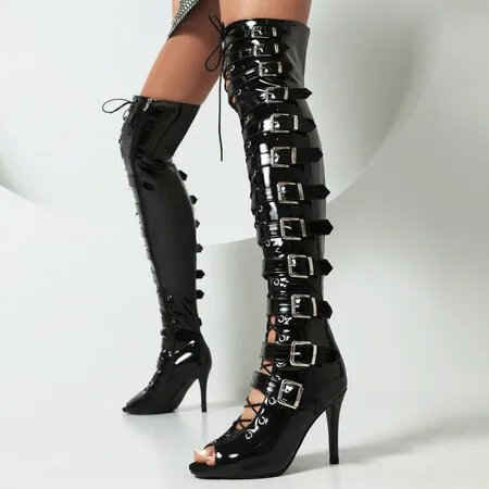 

Sexy Women Over The Knee Boots Thin High Heel Lady Black Metal Chain Decoration Zipper Female Summertime Platform Boots