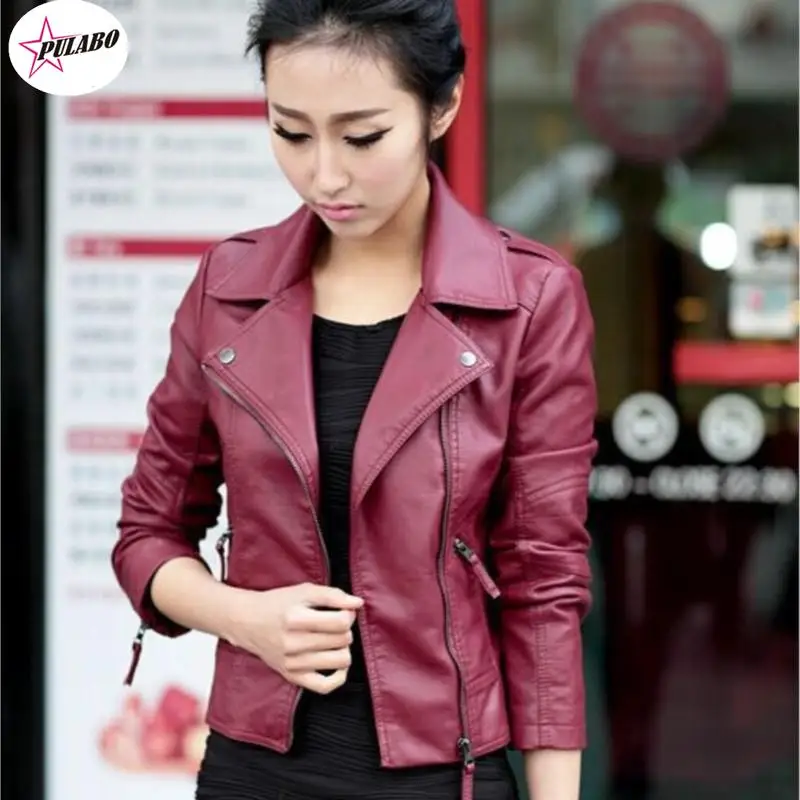 PULABO Pu Leather Jacket Women Fashion Bright Colors Black White Motorcycle Coat Short Faux Leather Biker Jacket Soft Jacket