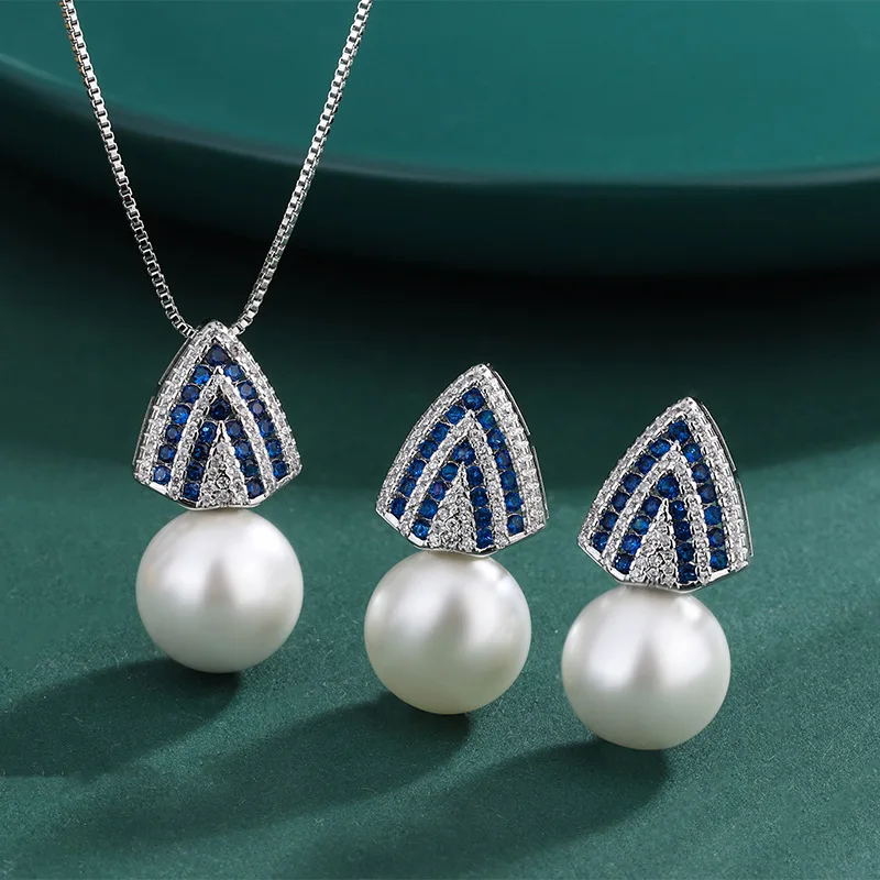 

Gold-Plated Copper Australian Mother-of-Pearl Necklace and Earrings Set for Women with Micro-Paved Blue Zircon and White Pearl P