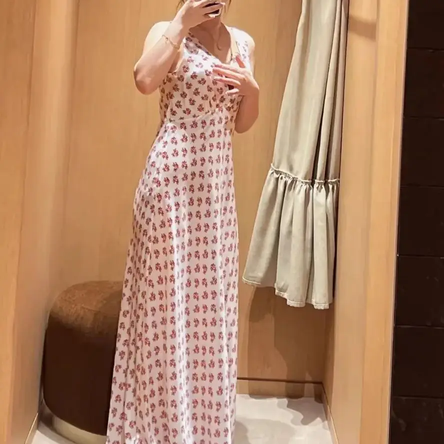 

Spring/Summer Women Floral Print V-Neck High Waist Set Lantern Sleeves Mini Dress + Sleeveless Backless Elegant Maxi Skirt ﻿