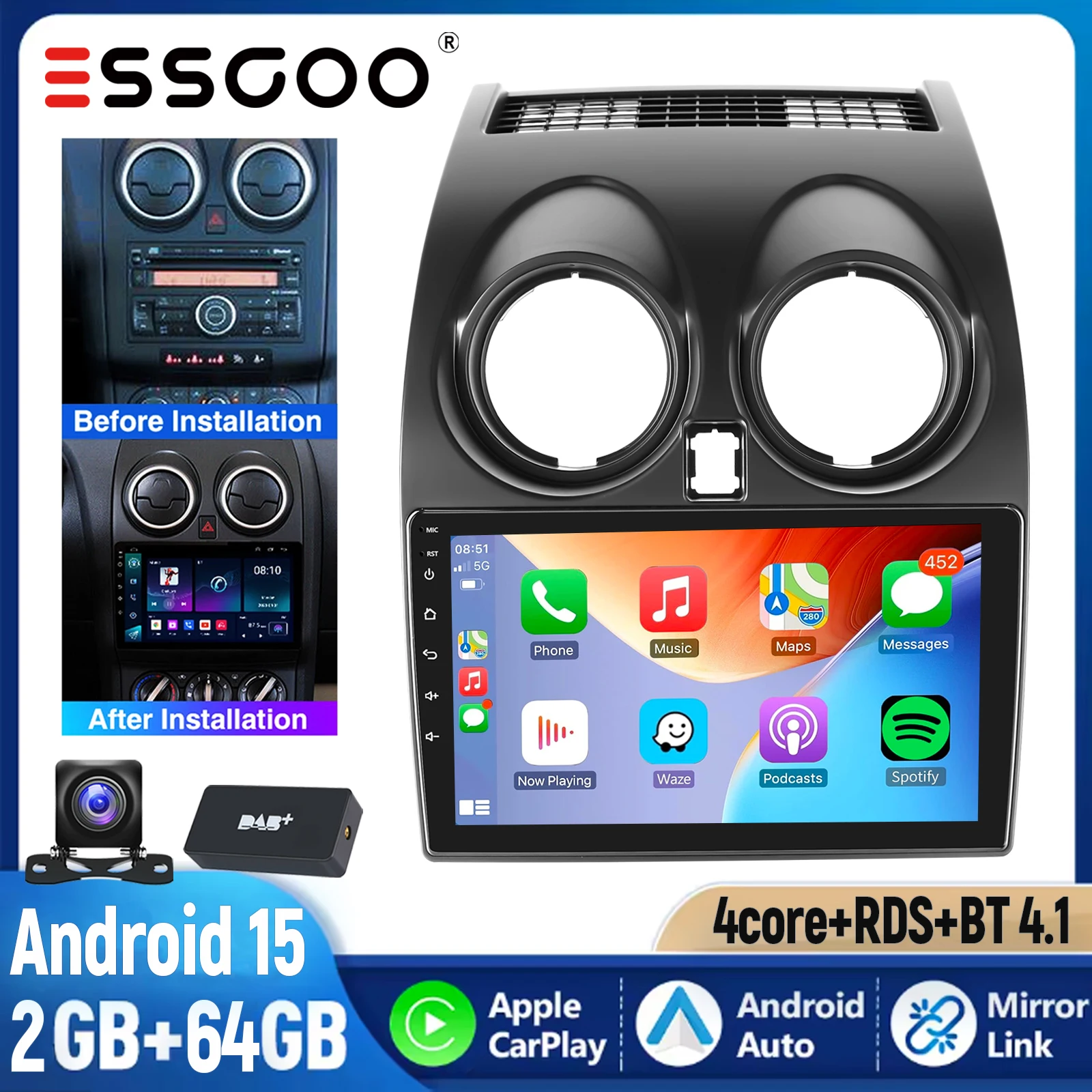 ESSGOO 9" Android 15 autoradio voor Nissan Qashqai J10 2007-2013 met Carplay, GPS, FM, RDS, WIFI, SWC, BT en Mirrorlink