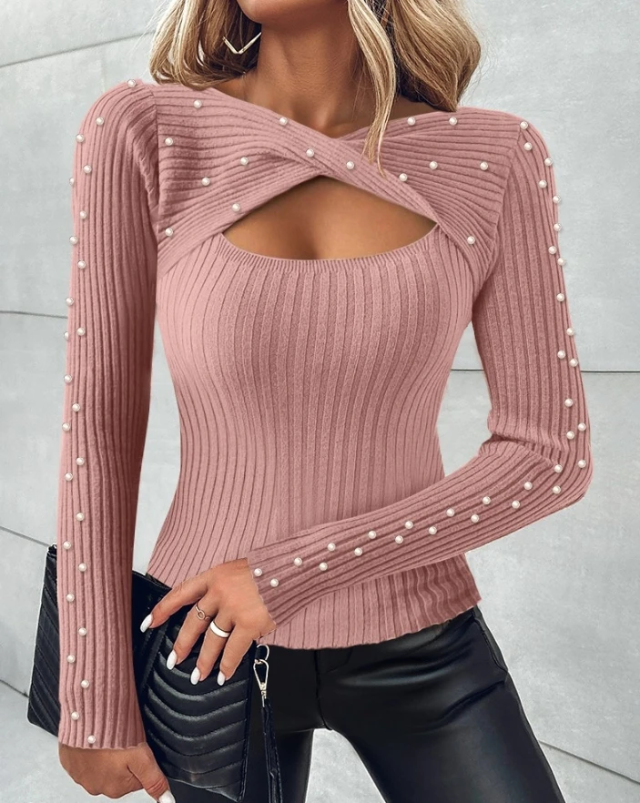 Women's fashionable and sexy T-shirt pullover, 2024 autumn new elegant and casual twisted hollow bead knitted sweater in stock