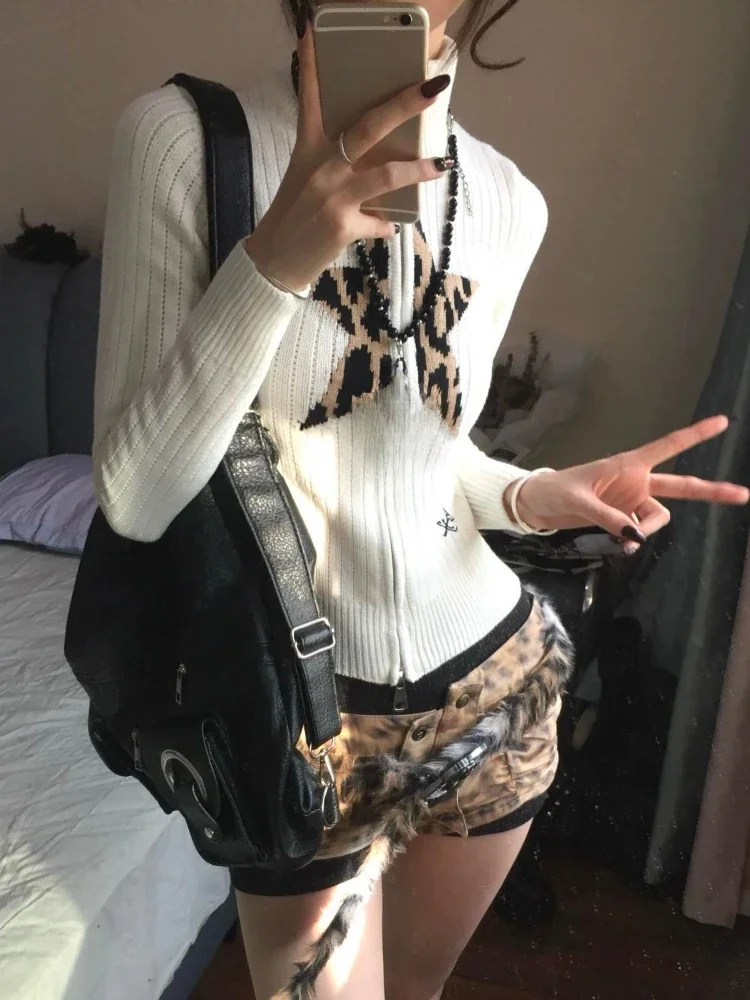 Coreano Y2k Estetico Leopardo Stella Crop Cardigan Collo Mezzo Alto Streetwear Sottile Doppie Cerniere Maglione Grunge Vintage Top in Maglia