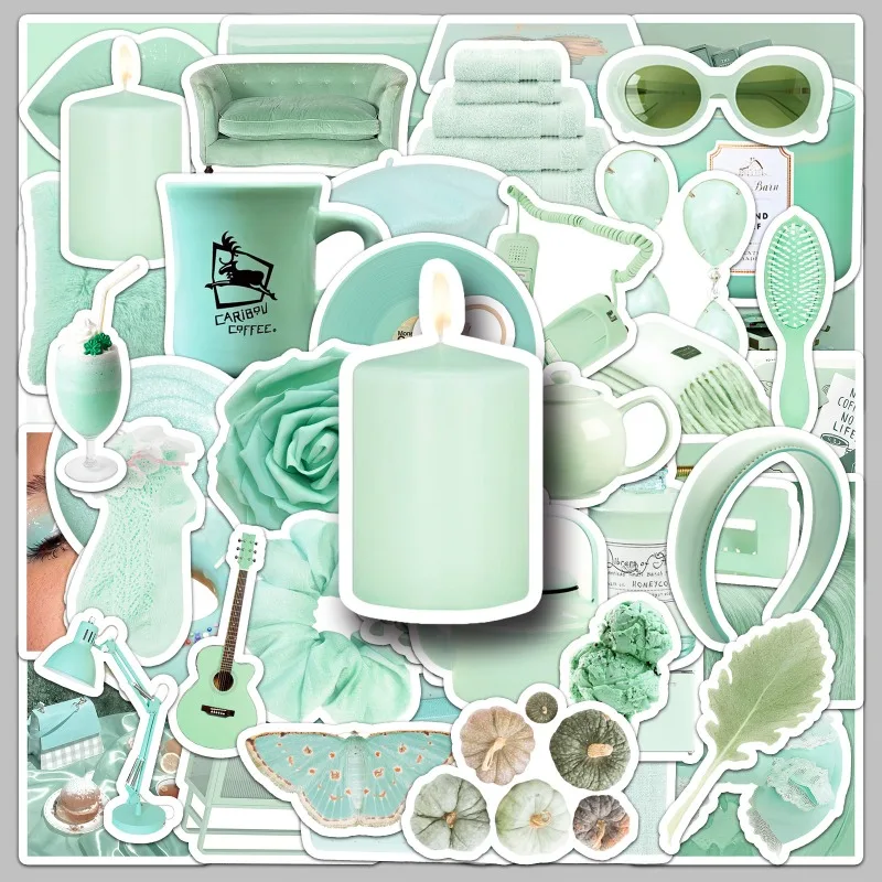 50 pegatinas decorativas DIY impermeables estilo INS, serie Fresh Salt, color verde menta, estilo nórdico, para cuadernos y diarios, al por mayor