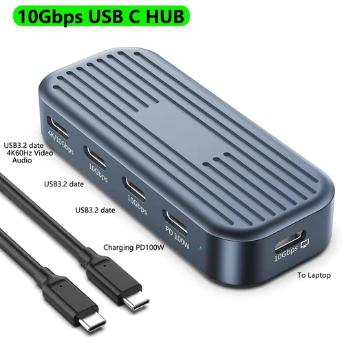 Hub USB C de 10Gbps con salida de vídeo 4K @ 60Hz Monitor USB3.2 Gen2 Transferencia de datos PD100W para portátiles MacBook iPad Pro Dispositivos tipo C