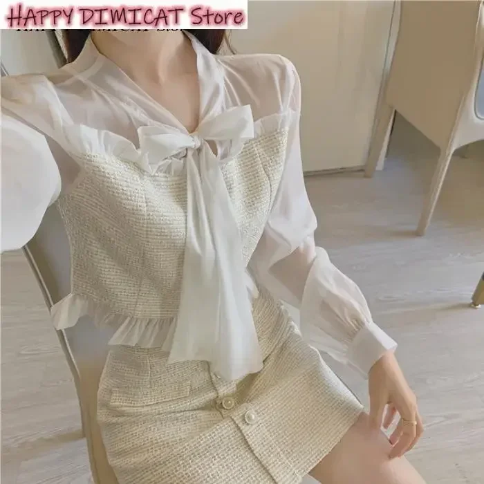 Short Skirt Two-Piece Suit Lady Lace Bow Tie Blouse  Ladies Temperament Small Fragrance Fashion Suit New