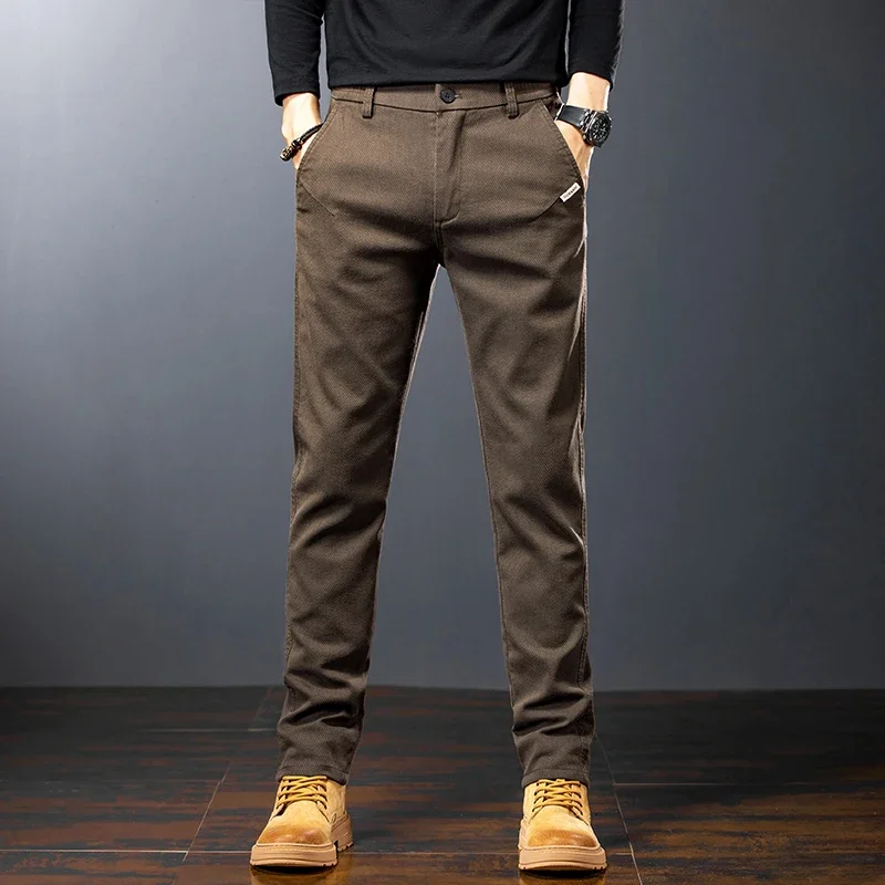 Men's Twill Slim Pants Business Straight Cotton Casual Trousers Brand Fashion Korean Elastic Coffee Black Gray Pant