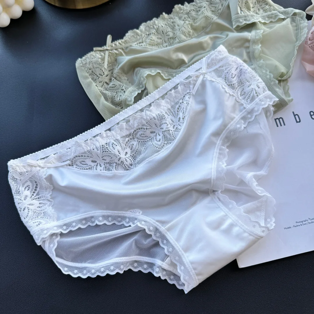 SP&CITY Ice Silk Bow Lace Sexy Women's Underwear Low Waist Cotton Crotch Hollow Out Panties Embroidery Mesh Breathable Briefs
