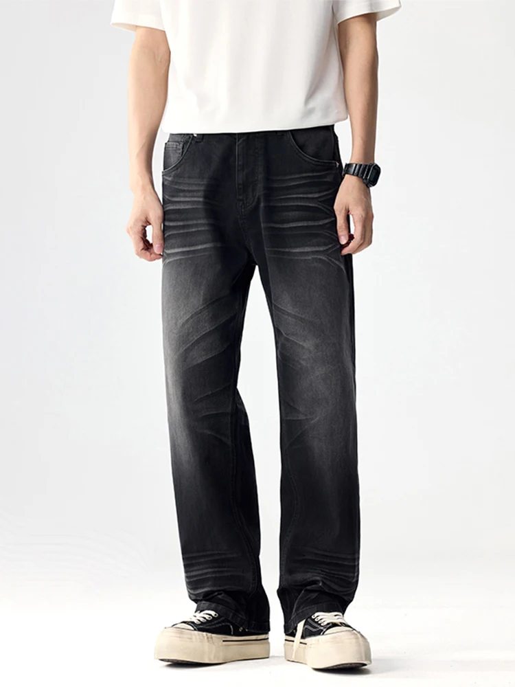 

Мужские джинсы в американском ретро-стиле, свободного кроя, повседневные, черные, со средней посадкой, прямые, длинные брюки, удобные, из смесового хлопка, эластичные, модные.