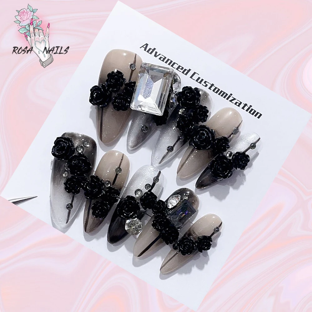 

Black Rose Press on Nails y2k Long Stiletto Fake Nails for Women with 3D Glitter Bling accessories Design Acrylic Glue on Tips