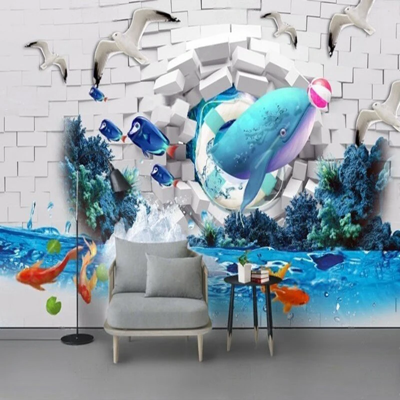 

Modern 3D dolphin white crane TV bedroom luxurious home decoration background wall