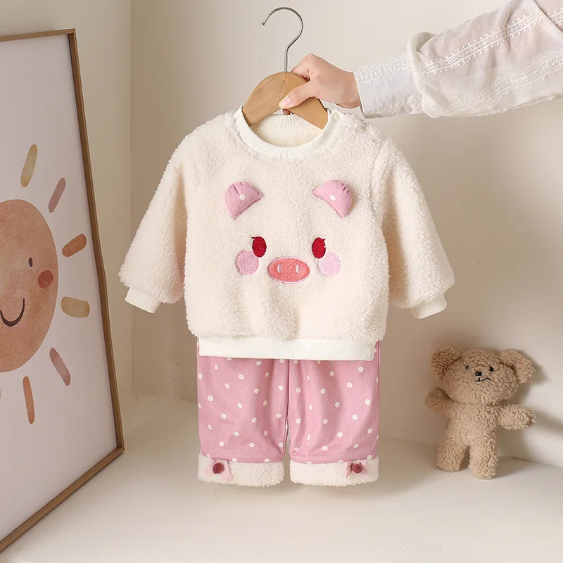 

Милые бежевые теплые комплекты для девочек, утепленная флисовая толстовка с длинными рукавами и эластичной резинкой на талии, брюки в горошек, костюм для малышей