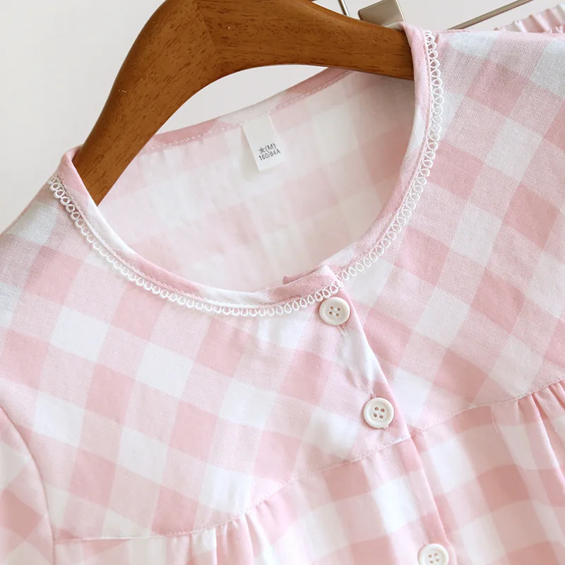 2024 Summer New Women's Pajamas Short Sleeve+Capris Two Piece Set of 100% Cotton Women's Round Neck Plaid Simple Homewear Set