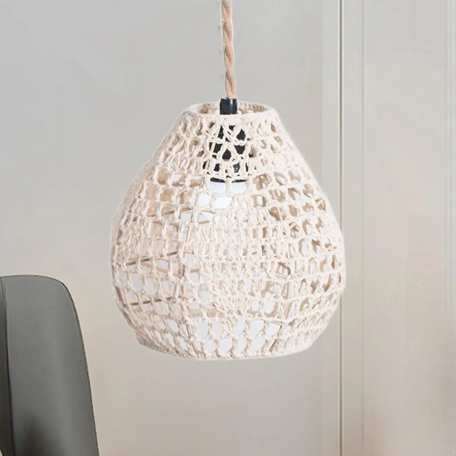 Boho Lamp Shade Ceiling Rope Woven Lampshade Ornament DIY Lighting Fixtures Ceiling Chandelier Lampshade for Bedroom Wedding