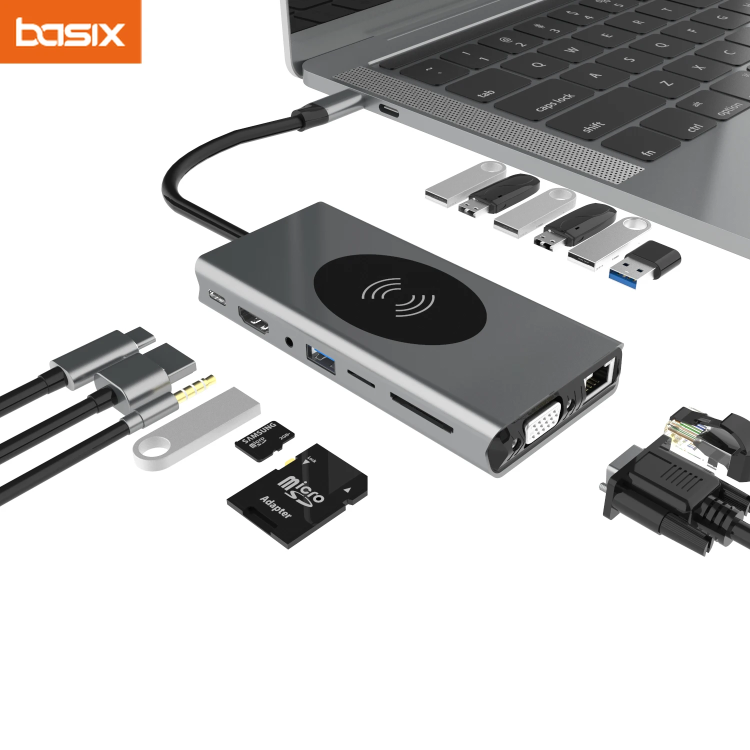 Basix USB C HUB Type C to HDMI-compatible VGA USB 3.0 Adapter USB Type C HUB Dock for MacBook Pro Air PD RJ45 SD Card Reader