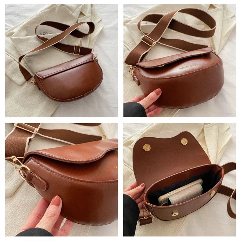 Women Vintage Solid Color Flap Small Saddle Shoulder Underarm Bag Fashion PU Leather Wide Strap Crossbody Bag 01 image 3