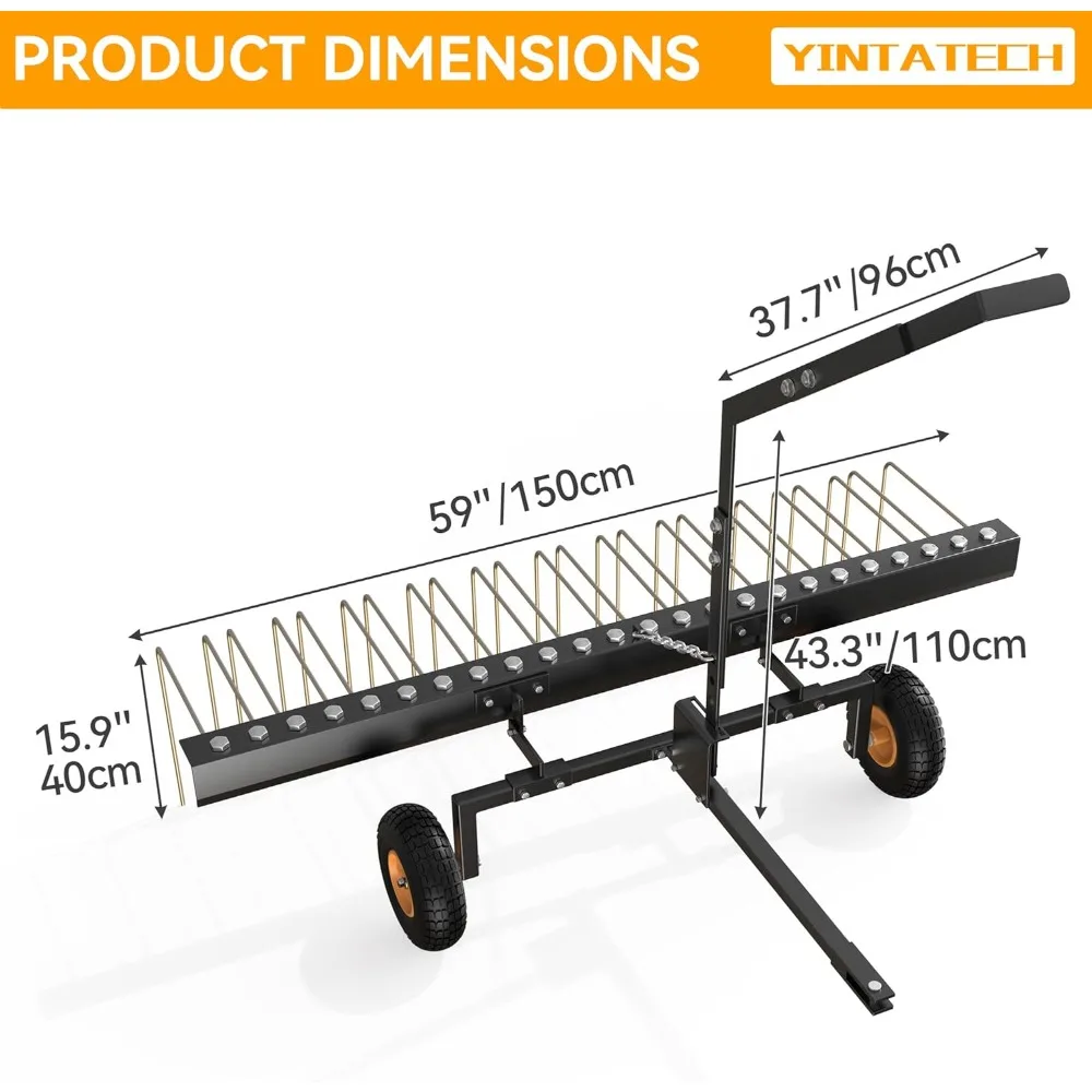 60 Pine Needle Rake Tow Behind, Lawn Tractor Straw Rake Fit for ATV, 24 Tines, Black&Gold