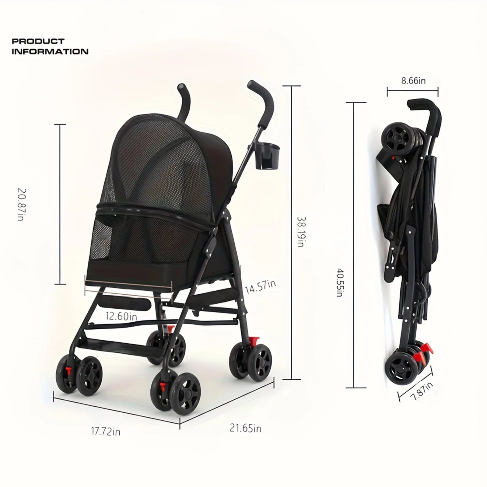 A pet stroller for cats and dogs, suitable for small to medium-sized dogs and cats, equipped with a storage basket and cup holder. Foldable jogging stroller