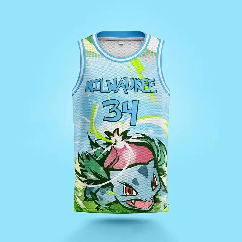 2024 Summer Children Men Sleeveless Jersey Child Cute Pokémo-n 3D Print Fashion T-shirt Kids Trend Tops Mesh Boy Girl Sportswear