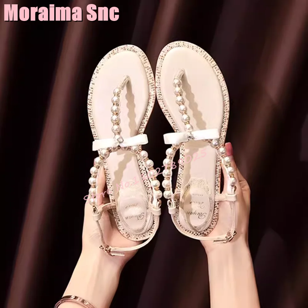 Pearl String Bead Butterfly knot Sandals Clip Toe Flat With Crystal Trim Ankle Buckle Strap Fashion Women's Shoes Summer 2024