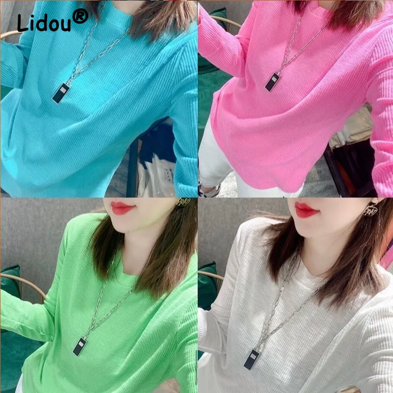 2023 Autumn Women's New Multi Color Underlay Shirt Fashionable and Versatile Candy Color Clean Thread Cotton Comfortable T-shirt