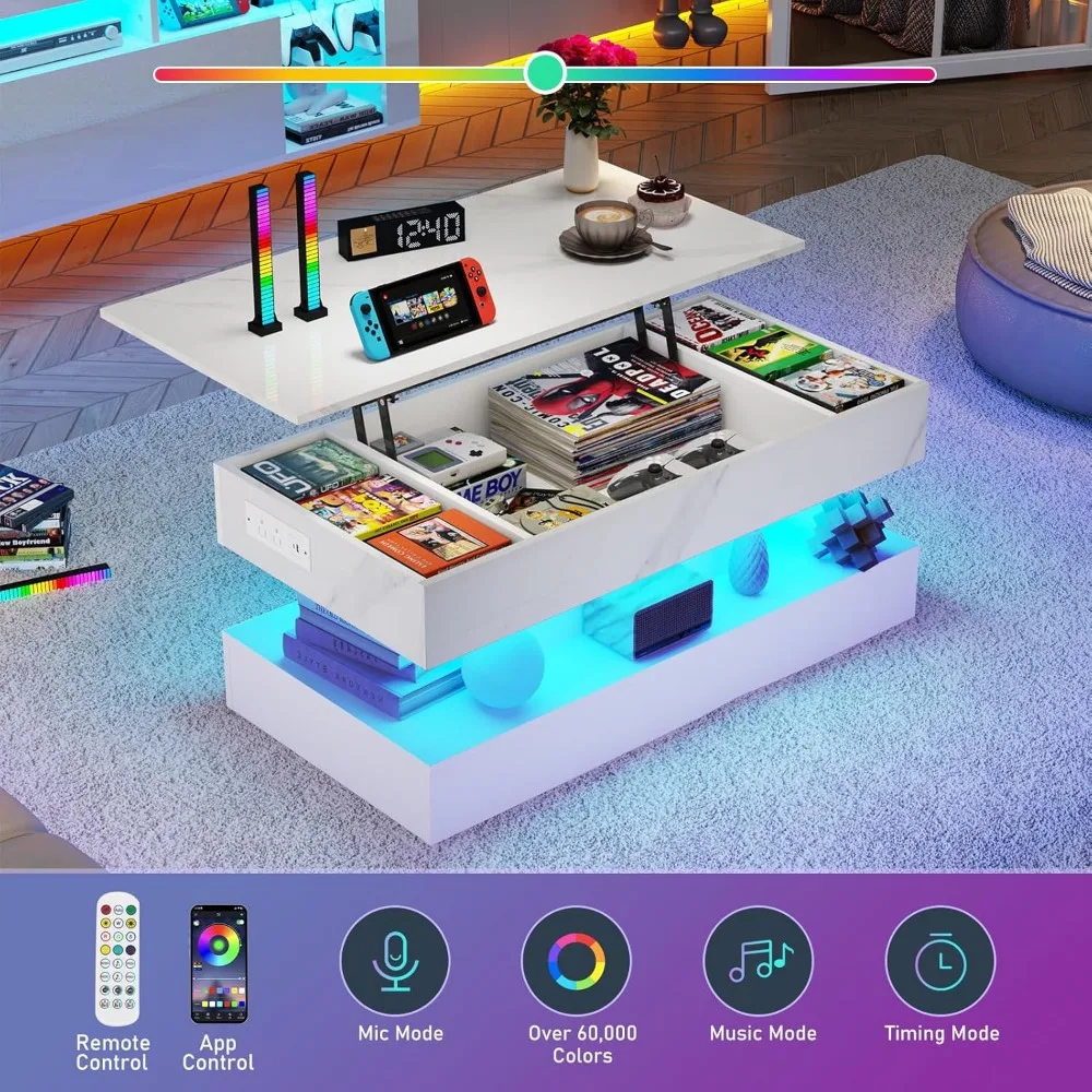 39.4 Grande table basse relevable avec station de recharge, table centrale moderne à LED haute brillance avec compartiment de rangement caché, Whi