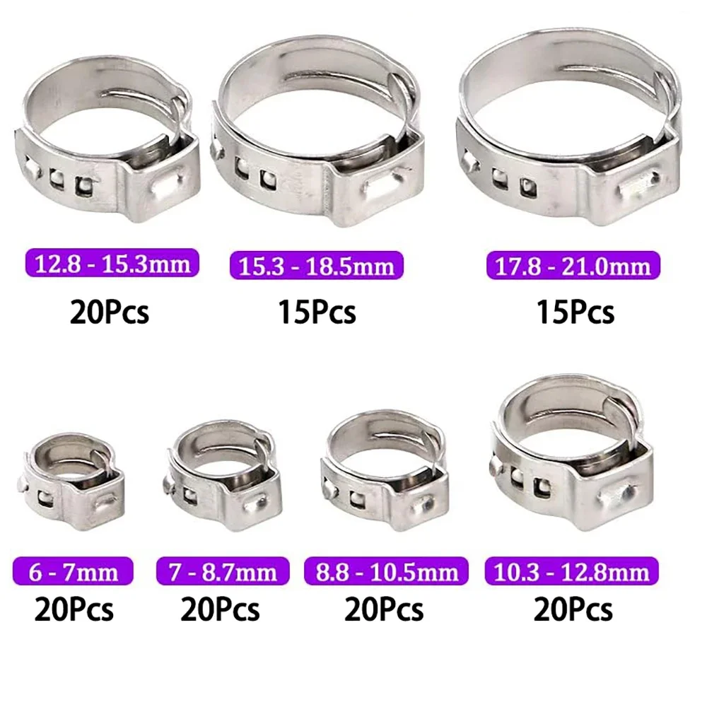 130pcs 7 Size Single Ear Hose Clamps Stainless Steel with Ear Clamp Pliers,7-21mm Stepless Cinch Rings Crimp Assortment Kit
