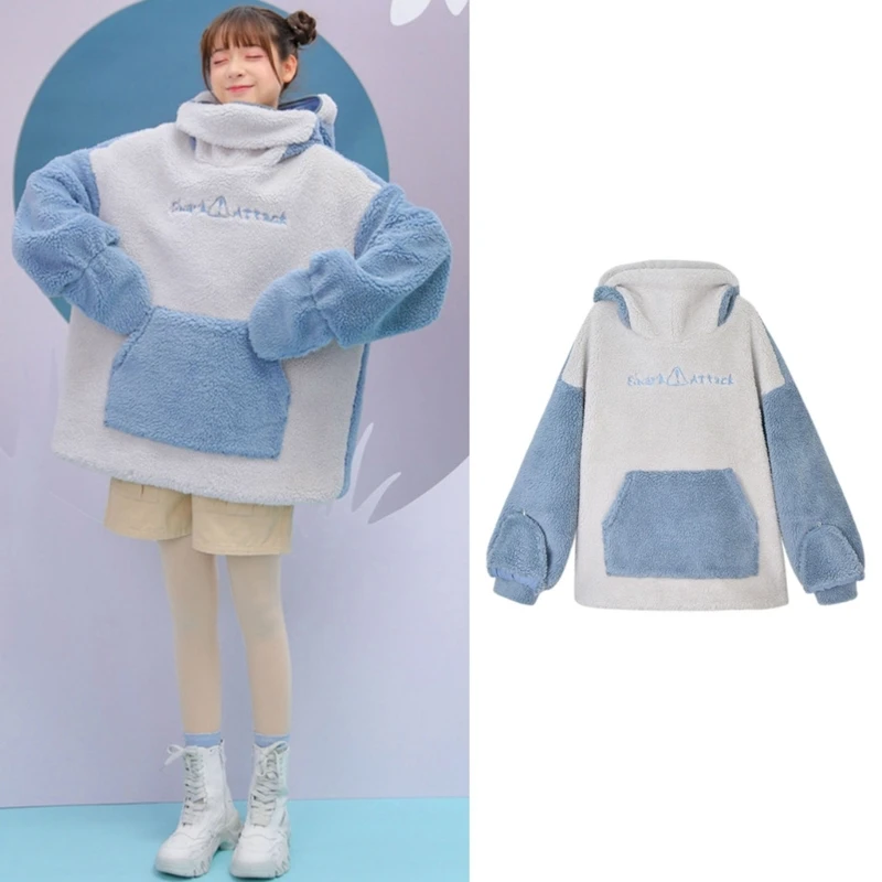 Women Winter Thick Fuzzy Plush Sweatshirt Harajuku Cute Zipper Mouth Shark Hoodies Letter Embroidery Oversized Loose Pullover