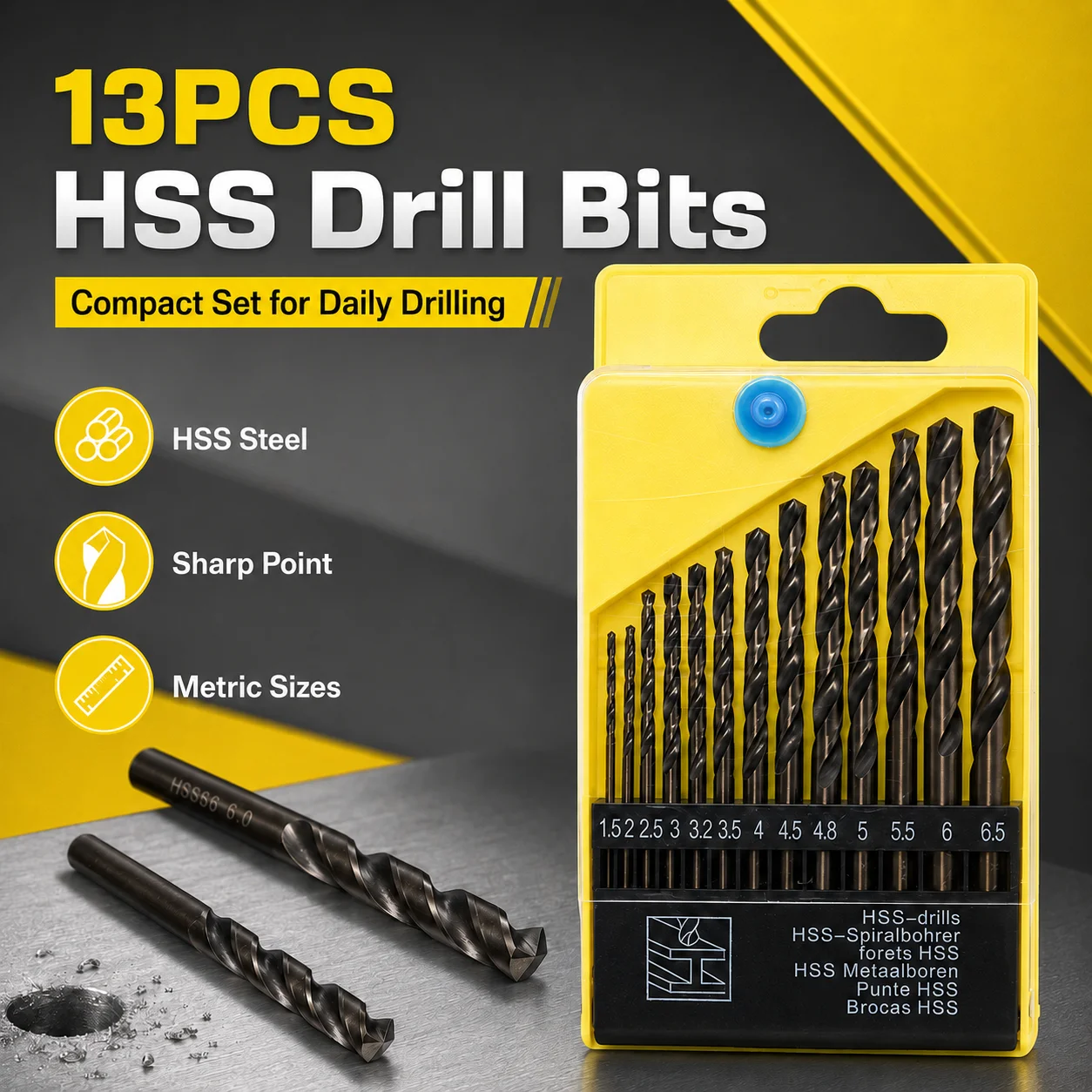 HSS Drill Bits Set 13PCS Metric Sizes 1.5mm-6.5mm, Sharp Spiral Twist Drill Bits with Packaging Case for General Drilling Projec