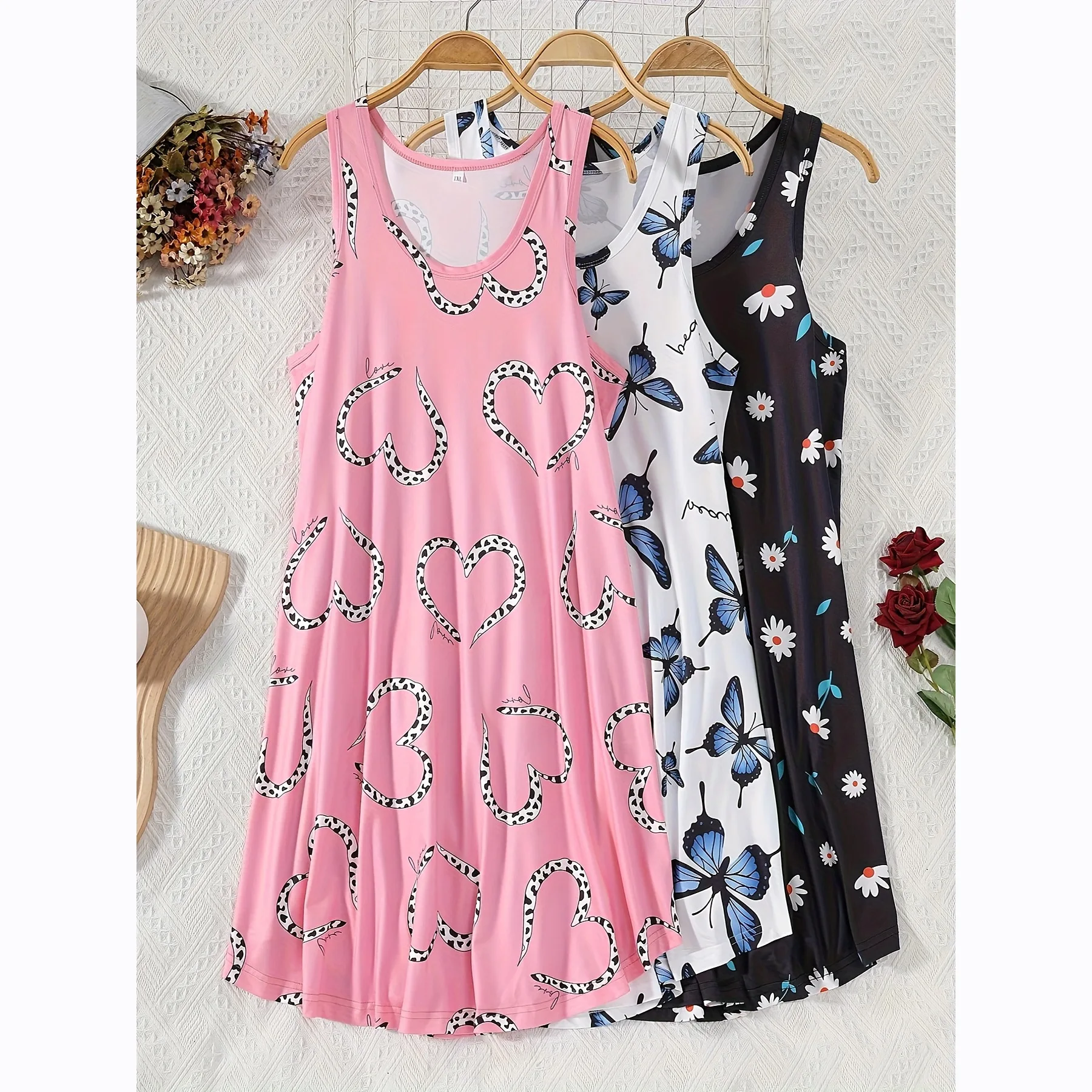 

1Pcs Print Sleeveless Tank Nightgown, Leopard Heart Butterfly Daisy Loose Mini Sleep Dress for Women
