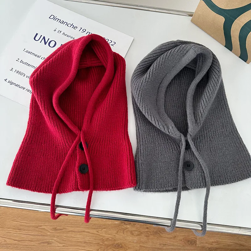 Knitted Hooded Caps Winter Balaclava Hats Women Korean Style Outdoor Warmer Drawstring Hats One-piece Neck Collar Beanies Cap