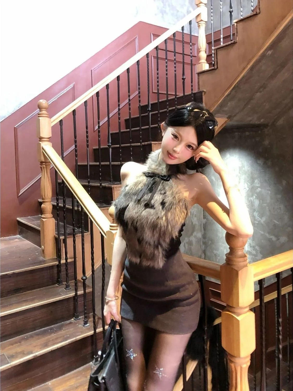 

Sexy Spicy Girl Neck Hanging Vest High Waist Wrap Body Woolen Skirt Two Piece Set Women's Winter New Fashion Ensemble