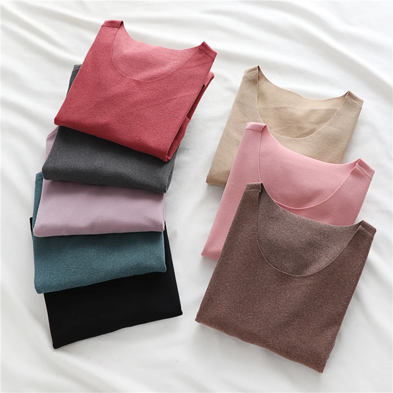 Double-Side Seamless Thermal Top Women Underwear Padded Velvet Autumn Clothes with Long-Sleeve T Shirts Winter Bottom Shirt Tees