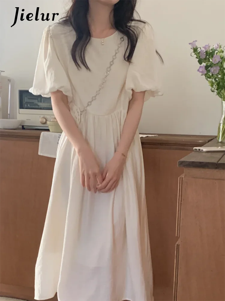 

Jielur Женское свободное приталенное платье летнее однотонное платье во французском винтажном стиле с пышными рукавами и круглым вырезом черные и белые милые платья