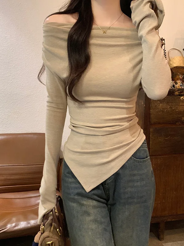 2024 Spring/autumn Korean Version Version New Drool Collar Long Sleeve T-shirt Women Irregular Cinching Waist Slim Top LWL5