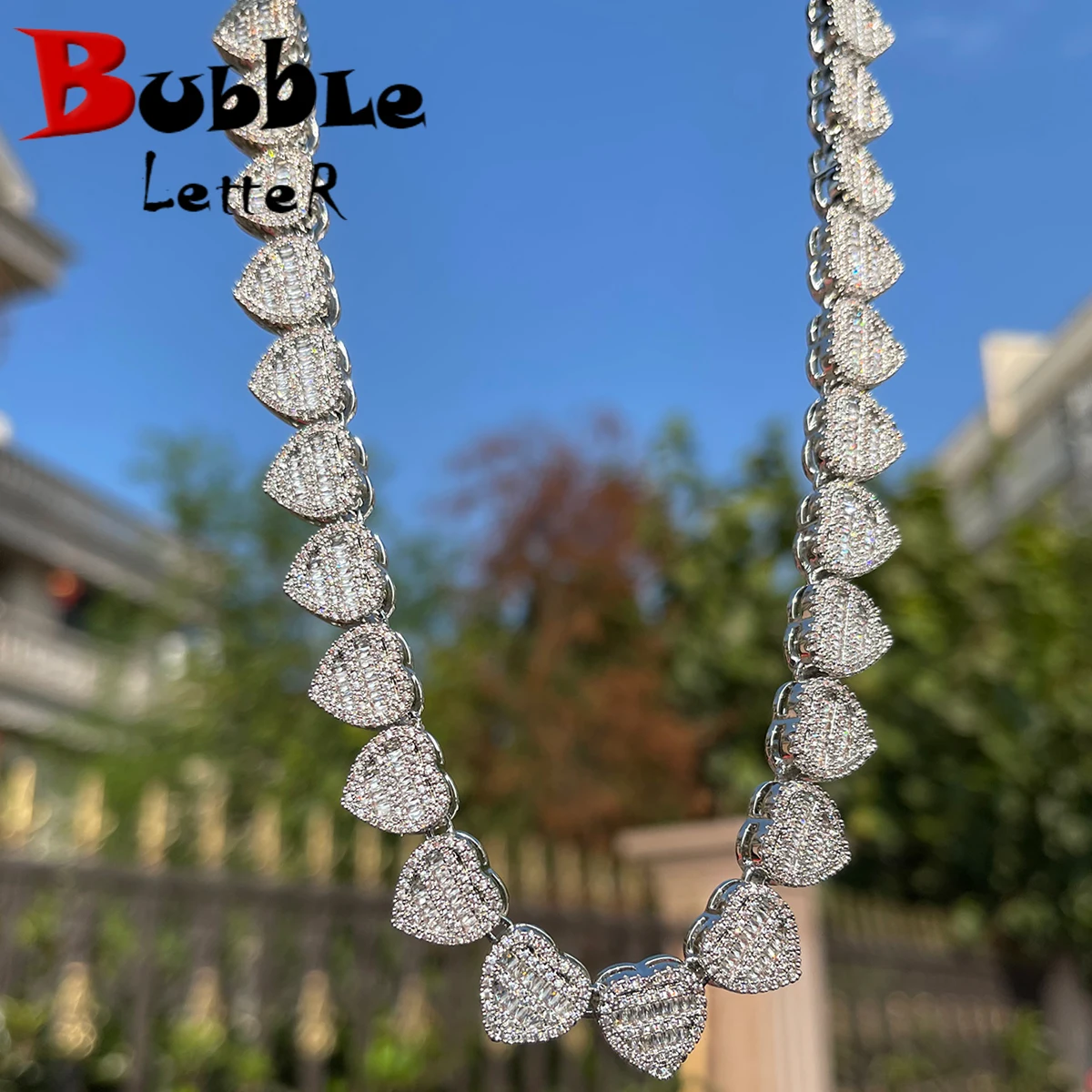 

Bubble Letter Baguette Crushed Heart Necklace for Women Iced Out Choker Micro Pave Prong Setting Hip Hop Jewelry