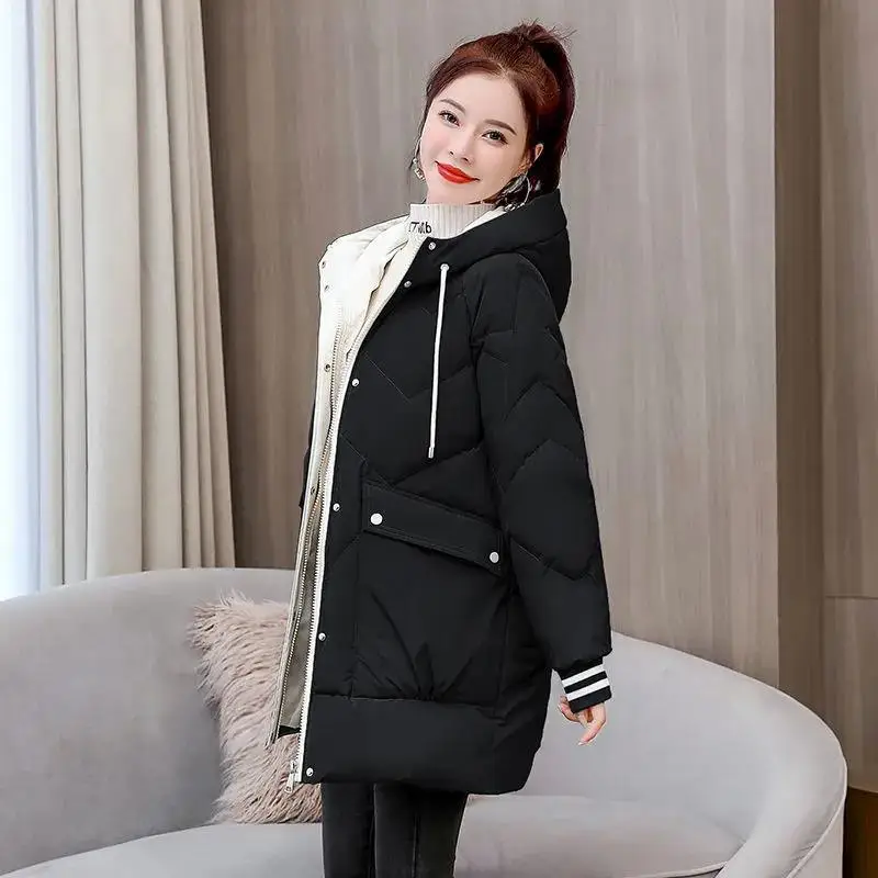 Manteau en duvet de coton pour femme, veste d'hiver pour femme, parkas à capuche à la mode, vêtements d'extérieur épais, pardessus de style moyen, nouveau, 2023