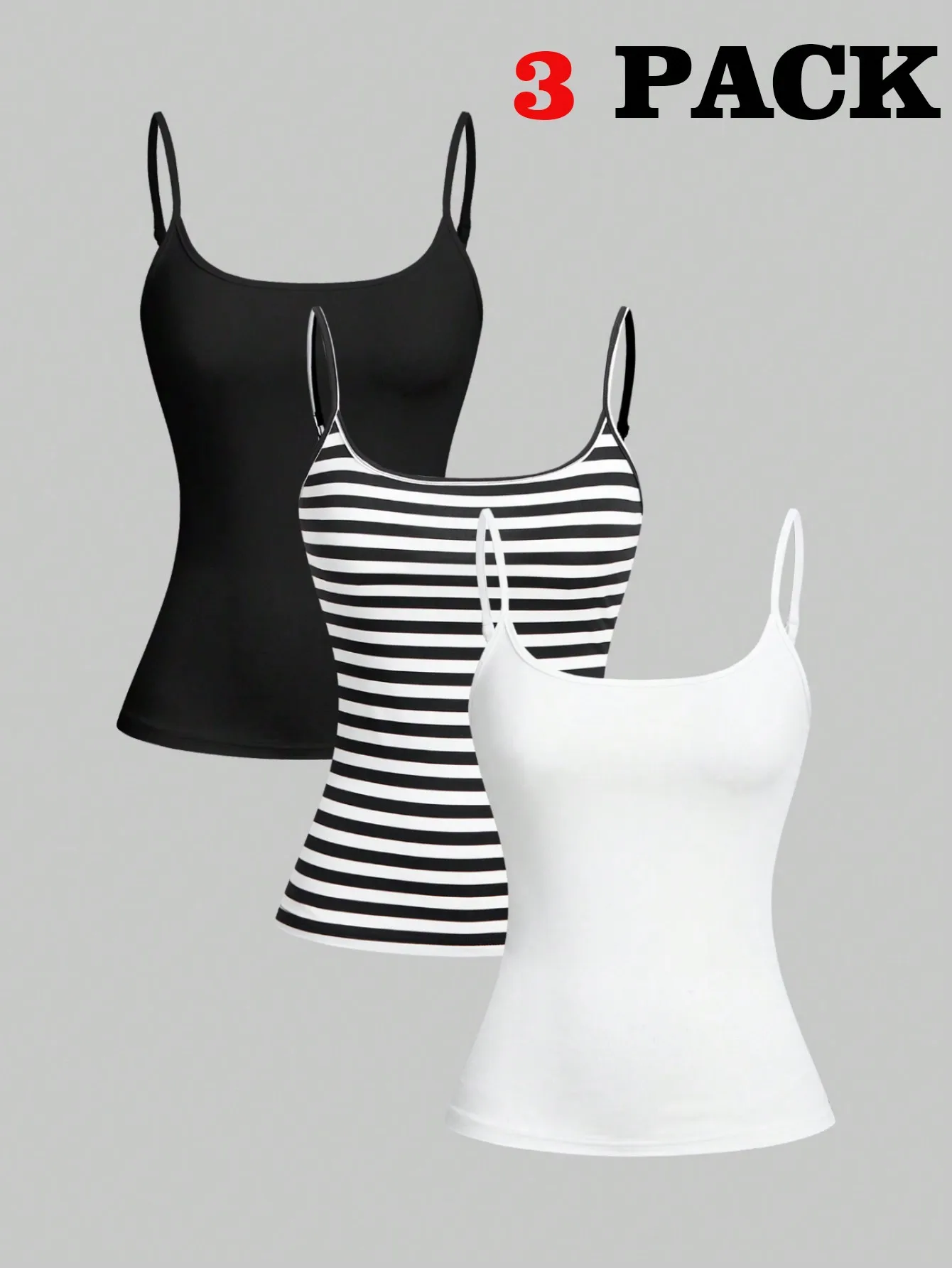3-pack dames camisole tanktops - effen zwart, wit en gestreept - slim fit zomer casual kleding