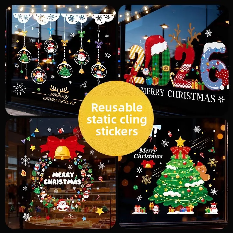 Christmas Decor Static Cling Stickers Santa Claus Tree Atmosphere Scene Arrangement Glass Door Window Display Window Stick