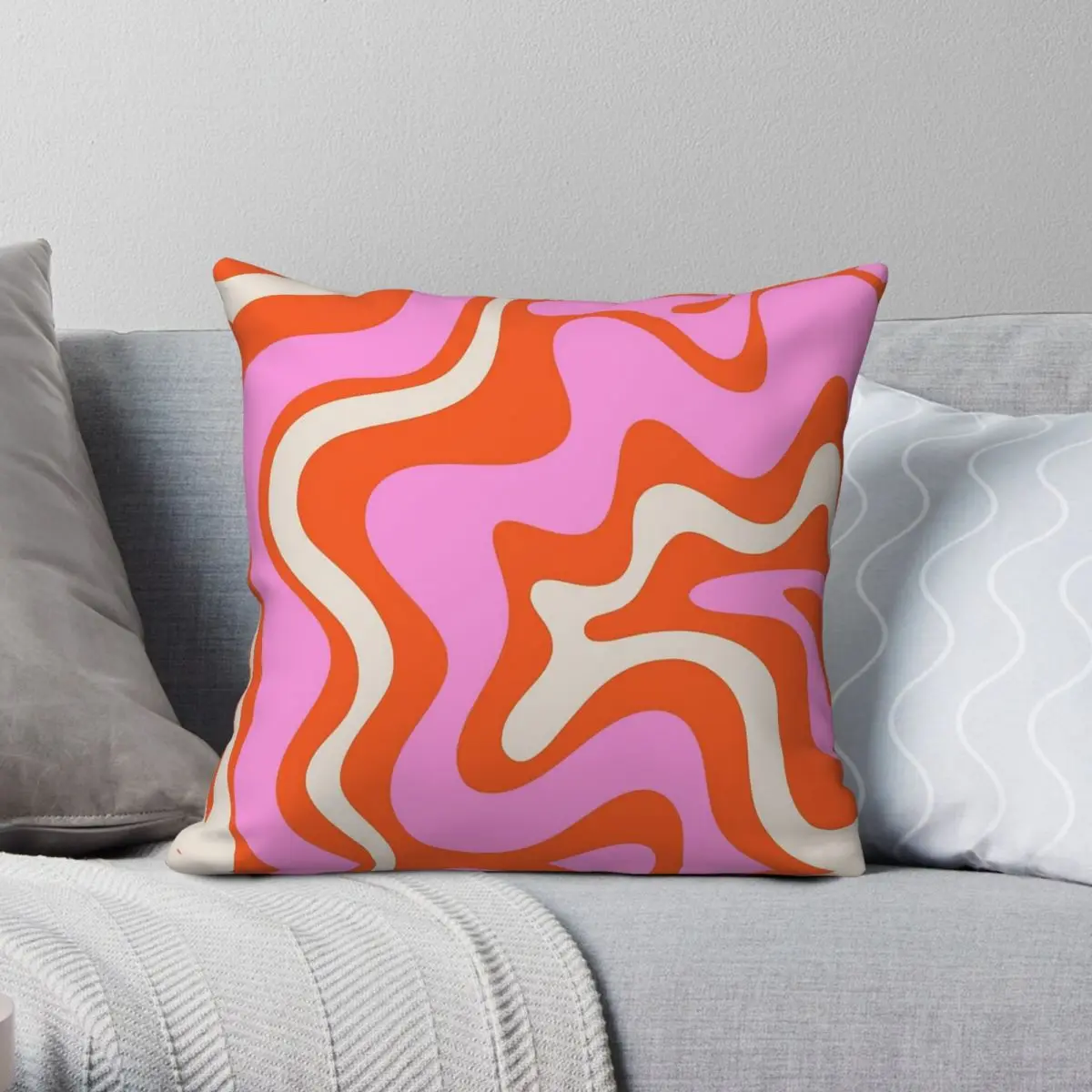 Retro Liquid Swirl Pink Bright Orange Square Pillowcase Polyester Linen Velvet Pattern Zip Decor Bed Cushion Cover 18