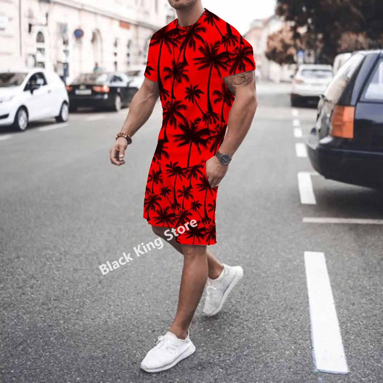 3D Print Summer Fashion Men's 2 Piece Set Tracksuits Casual Short Sleeves Maple Leaf  T-shirt+shorts Pants Suits Male Clothes