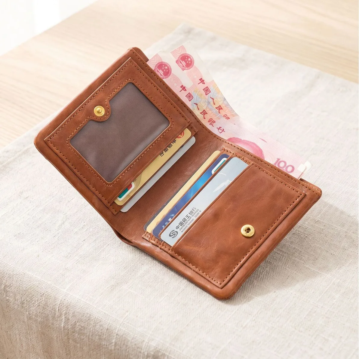 Premium Leather Bifold Wallet with Clear ID Window, Snap Button Large Capacity Multi Card Purse Perfect Gift for Gentlemen