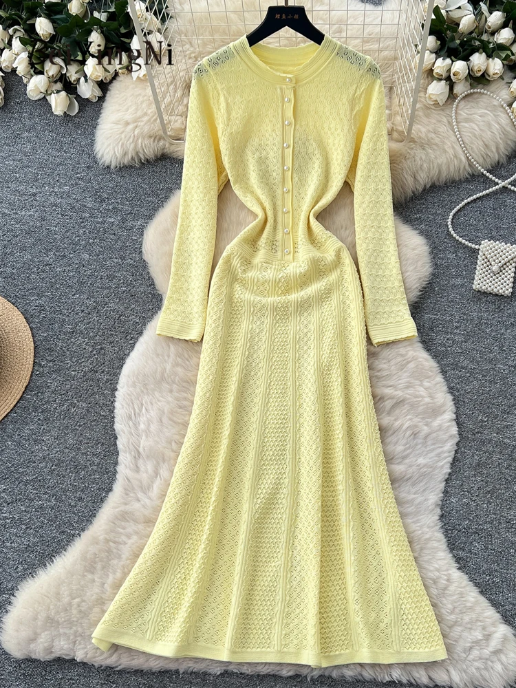 Beiyingni French Knit Long Dress Women Senior Classy Hollow Out Slim Sweater Dresses Ladies Casual Commute Black Vestidos Winter