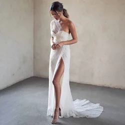 Customized Wedding Dress Sequin Mermaid One Shoulder Sexy Wedding Gowns for Women Trumpet High Slit Glitter Bridal Dresses Long