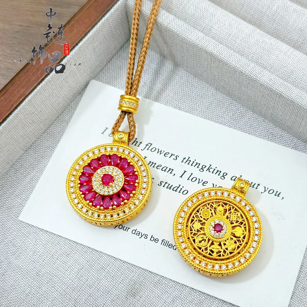 9999 gold full-cut diamond rose window rotating eight-pan compass pendant versatile compass necklace wholesale